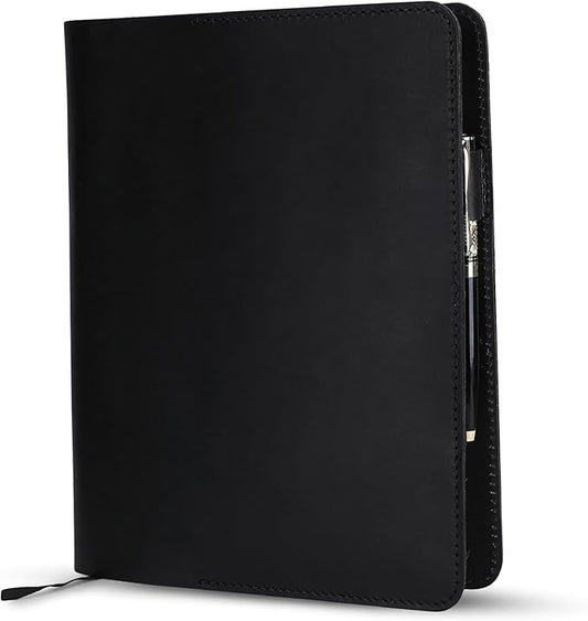 XL Leather Journal Cover 7.5 x 9.5 Inch – Refillable Genuine Leather Cover for Composition Notebook, Planner & Diary – Handmade Protective Travel Writing Case, Black