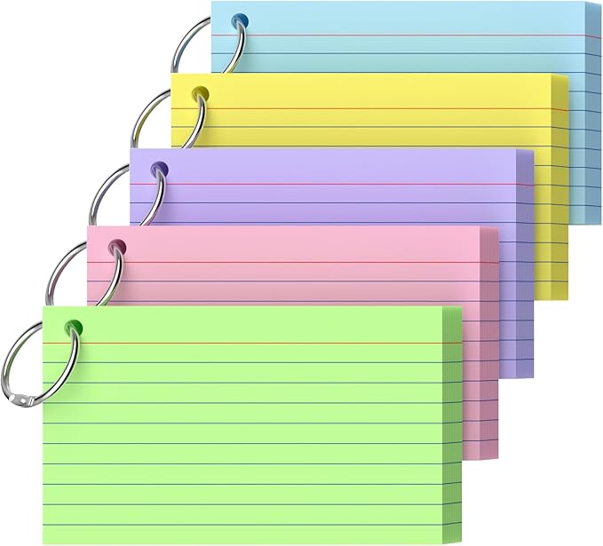 Index Cards 3x5 Inch With Ring, 250 Count, Ruled Colored Index Card, 180GSM Flash Cards College Ruled for Students, Teachers, Study Note Card for Office, Home, School, Office