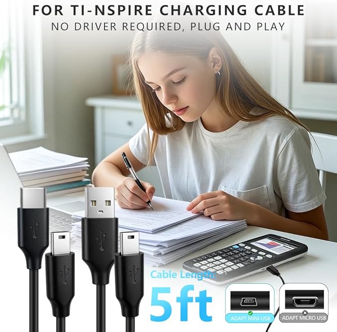 2 Pack USB & USB C Charger for TI 84 Plus CE, Data Cable for Texas Instruments Calculators TI-84 Plus CE/C Silver, TI 89 Titanium, TI Nspire CX/TI Nspire CX CAS -5ft