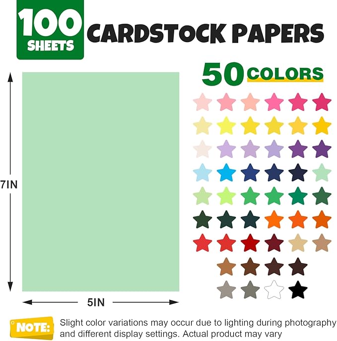 100 Sheets 5" X 7" Colored Cardstock, 50 Assorted Colors Construction Paper Card Stock Printer Paper for Printing, Card Making, DIY Crafts,School Supplies,Party Decorations (180GSM/65LB)