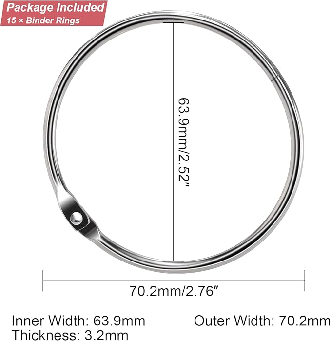 15 Pack 2-1/2 Inch Large Loose Leaf Binder Rings Metal O Ring Paper Book Rings for Flash Card, Key Chain Ring, Home, Office, School, Silver, 2.5"(63mm)