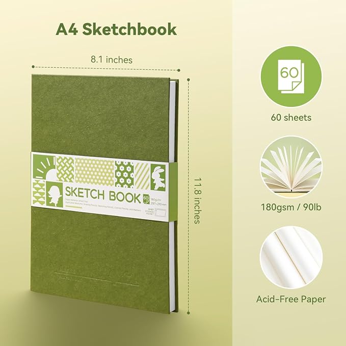 Arrtx A4 Sketchbook, Lay Flat Hardcover Sketch Book(120 Pages) 180GSM/90lb, Acid-Free Art Sketchbook for Artist, Students and Beginners