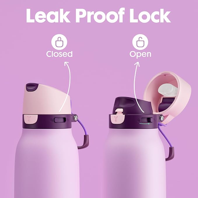 Meoky 24 oz Stainless Steel Slim Water Bottle: 2-in-1 Locking Lid, Lavender | Leak Proof, Straw and Spout, 24 Hours Cold, Top Handle, BPA Free, Insulated Water Bottle for Women Sports Travel Gym