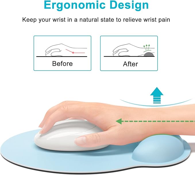 Dapesuom Ergonomic Mouse Pad with Wrist Support, Comfortable Memory Foam Wrist Rest for Easy Typing Pain Relief, Cute Computer Gaming Desktop Mouse Mat with Non-Slip Base for Laptop, Office, Sky Blue