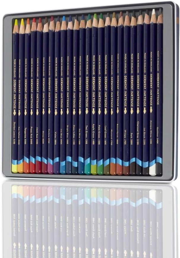 Derwent Inktense Pencils Tin, Set of 24, Great for Holiday Gifts, 4mm Round Core, Firm Texture, Watersoluble, Ideal for Watercolor, Drawing, Coloring and Painting on Paper and Fabric (0700929)