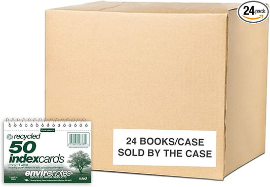 Roaring Spring Wirebound Spiral Bound Recycled Index Cards 3"x5", 100# White Paper, Narrow Ruled, Perforated, Blank on Back, Snag-proof (Pack of 24)