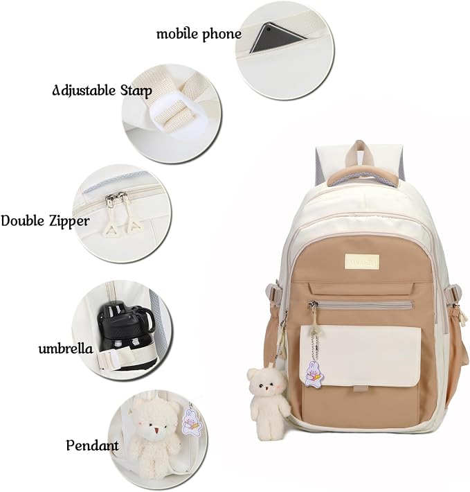 PRLINJSK Girls Backpack for College High Middle School Student, Cute Aesthetic Bookbag for Teens Women with Accessories,Khaki Beige