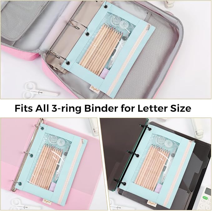 SKYDUE Pencil Pouch for 3 Ring Binder, 9.8" x 7.3" Clear Window Pencil Bag | Zipper Pencil Pouches for Girls Boys, Pencil Pouch with 3 Reinforced Grommets, Durable Organizer for School Supplies