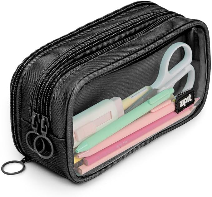 ZIPIT Half & Half Pencil Case, 3-Compartment Aesthetic Zipper Pouch, Black | Clear-front pencil case for school, dedicated organizer panels, holds up to 70 pens & pencils, durable easy-care polyester