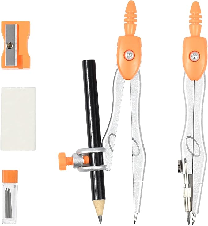 Unjoo Math Geometry Kit Sets 10 Piece Student Supplies with Shatterproof Storage Box,Includes Rulers,Protractor,Compass,Eraser,Pencil Sharpener,Lead Refills,Pencil,for Drafting and Drawings（Orange）