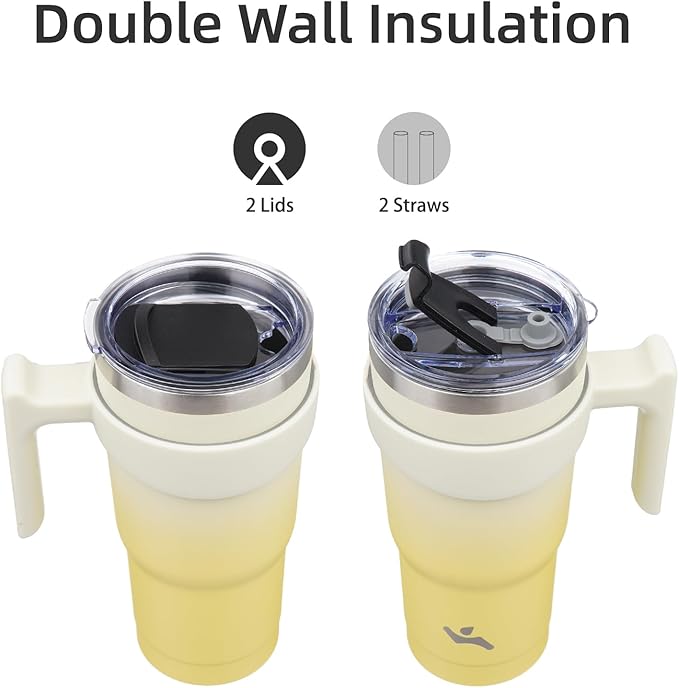 Konokyo 20 oz Tumbler with Handle and 2 Straw 2 Lid, Insulated Water Bottle Stainless Steel Vacuum Cup Reusable Travel Mug,Lemon