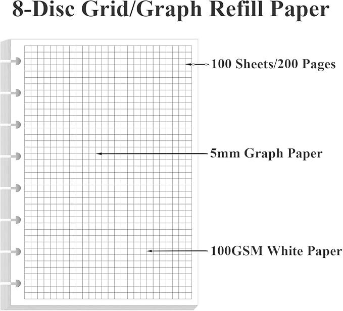 A5 TUL Discbound Grid Refill Paper, 8-Disc Discbound Graph Paper, 100Sheets / 200Pages Loose-Leaf Grid Paper, 100gsm White Paper, 5.8 x 8.3 in