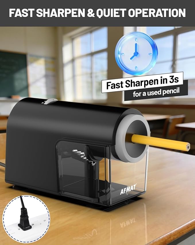 AFMAT Electric Pencil Sharpener, Fully Automatic Pencil Sharpener for 6.5-10.5mm No.2/Jumbo/Colored Pencils, Auto in & Out, 5 Sharpness Modes, 10000+ Sharpenings for Classroom Home Office, PSC5(120V)