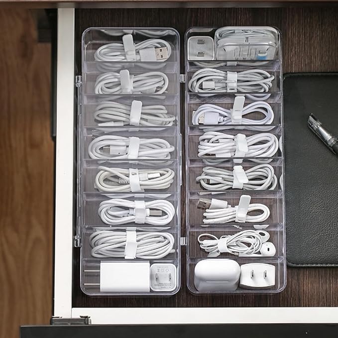 4Pcs cord organizer box with Lid, 10.2 x 3.5 x 2.2in, Desktop Cord Organizer with Compartments (4)