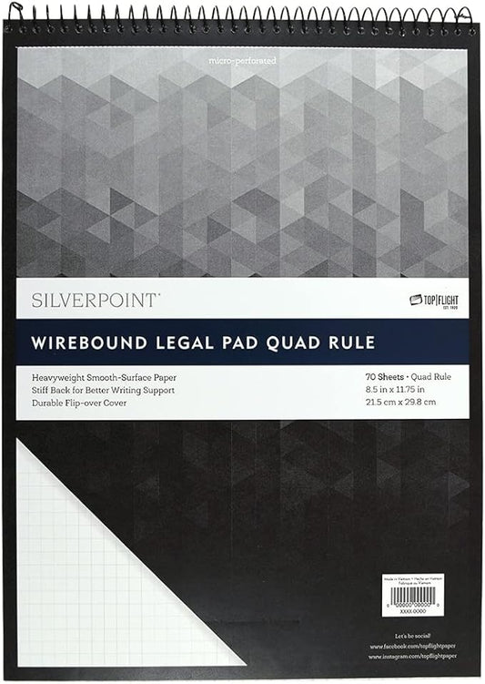 Silverpoint Top Wire Pad, Heavy Back, Quadrille Rule, 8.5 x 11.75 Inches, 70 Sheets, Protective Cover, Blue/Black (51070)