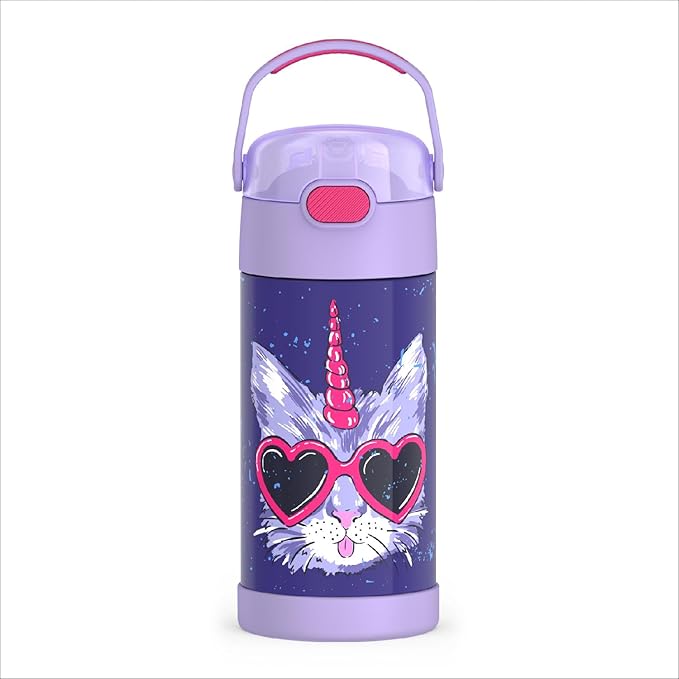 THERMOS FUNTAINER Water Bottle with Straw - 12 Ounce - Kids Stainless Steel Vacuum Insulated Water Bottle with Lid, Cool Caticorns