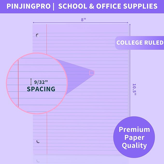Purple Loose Leaf Paper 120 Sheets Purple Paper 8" x 10.5" College Ruled Paper Colored Notebook Paper 3-Hole Punched Lined Paper, 3 Ring Binder Paper 8 x 10.5 Filler Paper for School Office Supplies