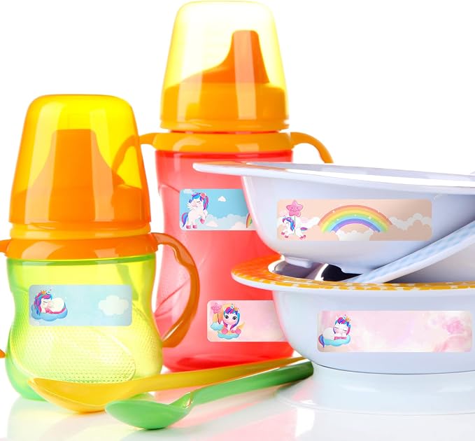 Waterproof Name Labels for Kids Daycare 320 Pcs, Unicorn | Self Adhesive Baby Water Bottle Stickers for School Supplies, Self Laminating, School Name Stickers for Lunch Boxes