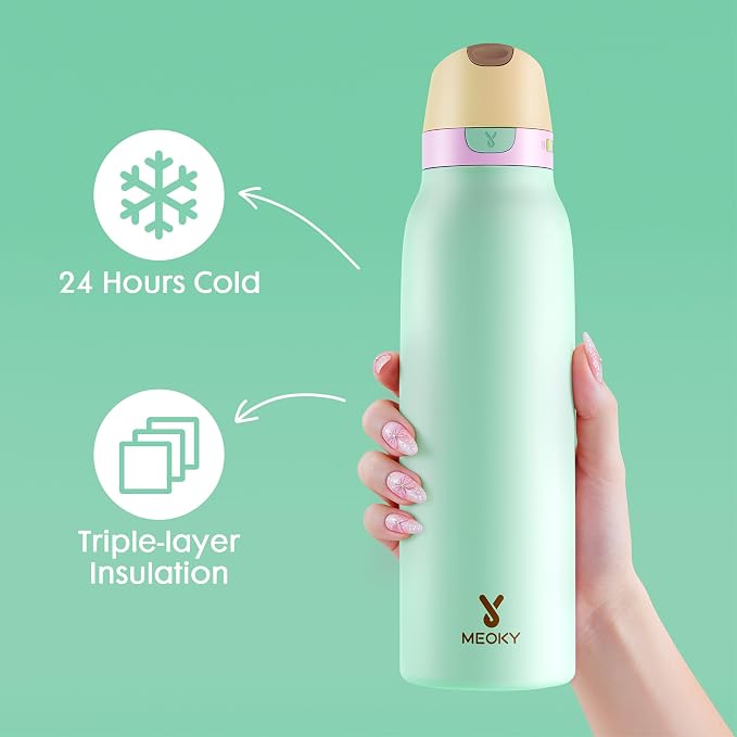 Meoky 24 oz Slim Insulated Water Bottle: 2-in-1 Locking Lid, Lime | Leak Proof, Straw and Spout, 24 Hours Cold, Top Handle, BPA Free, Stainless Steel Water Bottle for Adults Teens Sports Travel
