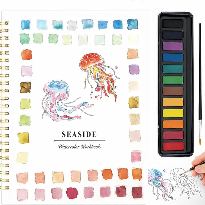 Beginner Watercolor Painting Kit with Seaside Watercolor Workbook, 12 Colors Watercolor Paint Set, Paint Brushes Included, Easy Art Set for Beginners