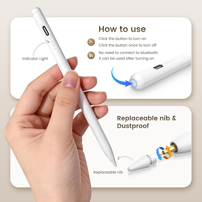Digiroot Stylus Pen for iPad Apple, Fast Charge Pencil for iPad with Palm Rejection Tilt Sensitivity, Compatible for 2018-2026 iPad 11/10/9/8/7/6, Pro 12.9"/11"/13" M4, Mini 7/6/5, Air5/4/3/M3/M2