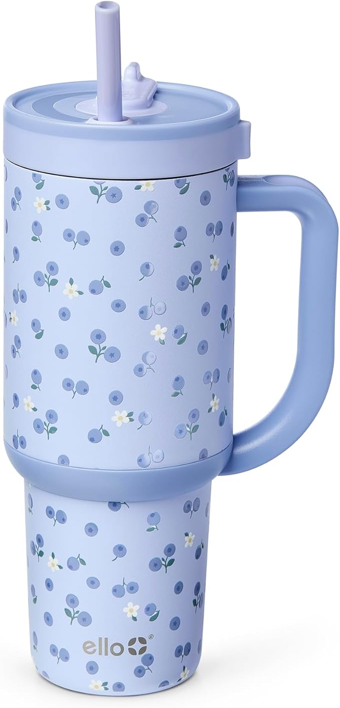 Ello Oasis 30 oz Tumbler with Handle & Retracting Straw | Reusable Insulated Stainless Steel Cup 100% Leakproof, Gifts for Teens Women Men | Keeps cold for 23 Hours | Cup Holder Friendly | Blueberries