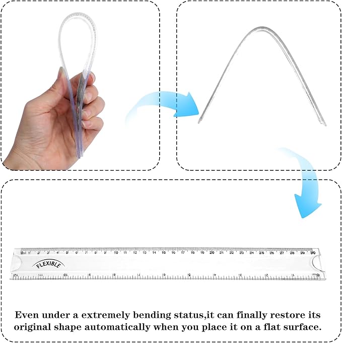 Grevosea 2 PCS Flexible Ruler, 12 Inch Clear Plastic Ruler Soft Bendable Rulers with Centimeters and Inches for Kids and Adults School Classroom Office Supplies