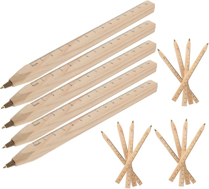 20pcs Black Wooden Ballpoint Pens with Ruler Printed Scale, Natural Biodegradable Carpenter Writing Pens for Technical Drawing and Woodwork Supplies