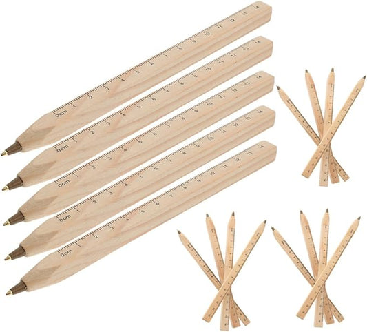 20pcs Black Wooden Ballpoint Pens with Ruler Printed Scale, Natural Biodegradable Carpenter Writing Pens for Technical Drawing and Woodwork Supplies