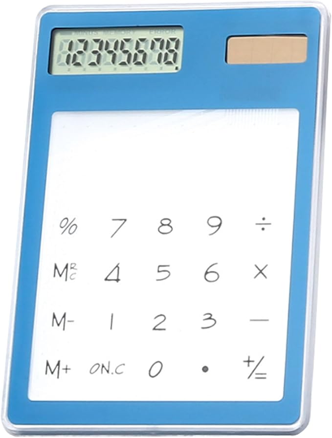 Solar Powered Calculator, Touch Screen 8 Digit LCD Display, Transparent Calculator for Office School Home with Lightweight and Compact Designf Business People and Family Use (Blue)