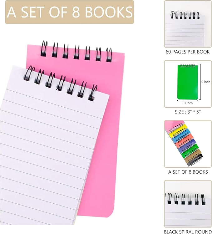 KTOJOY 8 Pack Pocket Notebook Small 3x5 Spiral Notepads With Lined Pages, Small Top Spiral Notebook Little Mini Memo Steno Note Pads for Outdoor Home Office College School