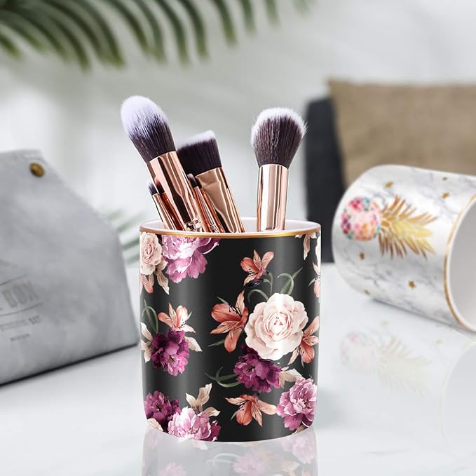 Pen Holder for Desk, Pencil Cup Holder, Cute Floral Makeup Brush Holder Durable Ceramic Flower Design Desk Pencil Organizer for Office, Classroom, Black