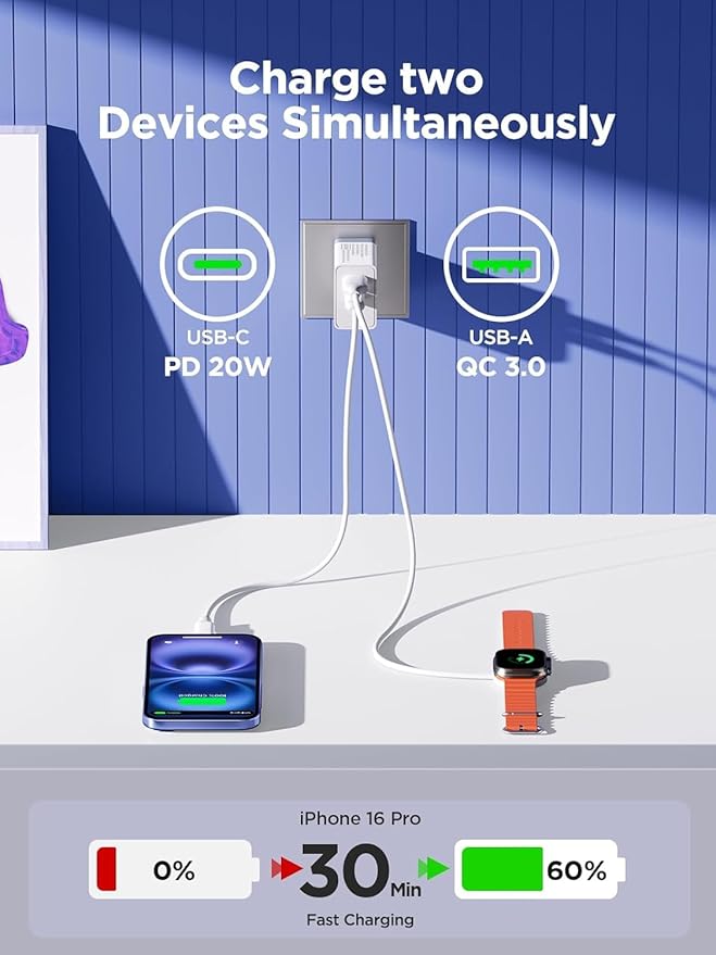 USB C Charger Block, Type C Fast Charging Blocks [PD 20W USB-C & QC 3.0 USB-A Port] USB Wall Plug Cube Wall Adapter USBC Charger Block Compatible with iPhone 16 15 14 13 12 11 Pro Max XR XS 8, Samsung