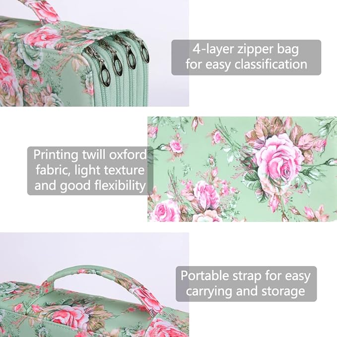 Vomgomfom 300 Slots Marker Bag, 4-Layer Zipper Portable Art Supply Organizer, PU Leather Large Capacity Marker Case Holds 100 Markers or 300 Colored Pencils with Handle (Green Rose)