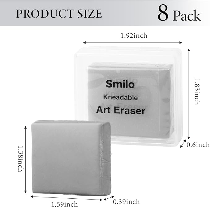 Smilo 8-Pack Gray Kneaded Erasers | Moldable & Dust-Free Putty Eraser | No Smudge Art Eraser with Case for Drawing
