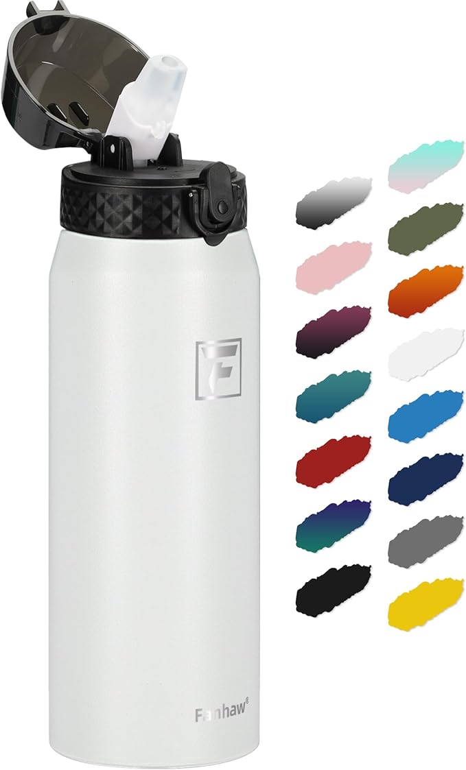 Fanhaw 24 Oz Kids Insulated Stainless Steel Water Bottle with Straw Lid, Leakproof & Anti-Dust Everyday Use Bottle for School, Women & Men, Back to School Essentials (White)