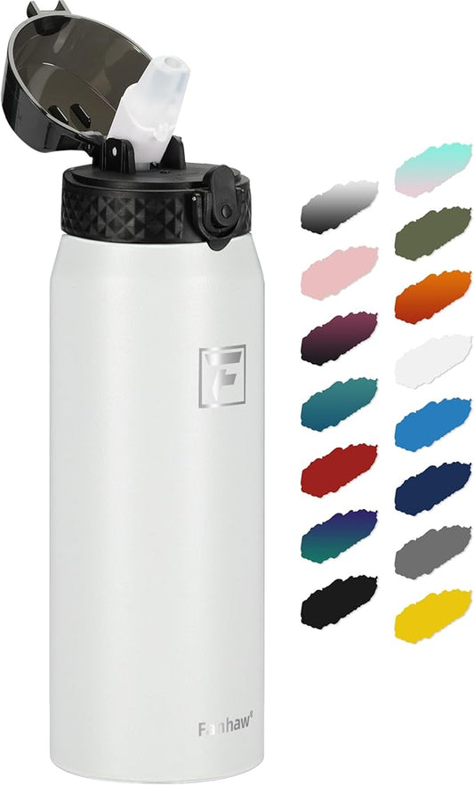 Fanhaw 24 Oz Kids Insulated Stainless Steel Water Bottle with Straw Lid, Leakproof & Anti-Dust Everyday Use Bottle for School, Women & Men, Back to School Essentials (White)