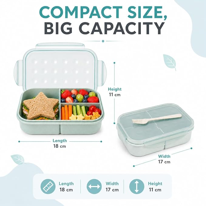 MISS BIG® Bento Lunch Box for Kids, 1150ml, 3 Compartments, Slate Blue | Slate blue 1150ml kids lunch box for school, daycare, snacks, light meals, picnic, and travel.