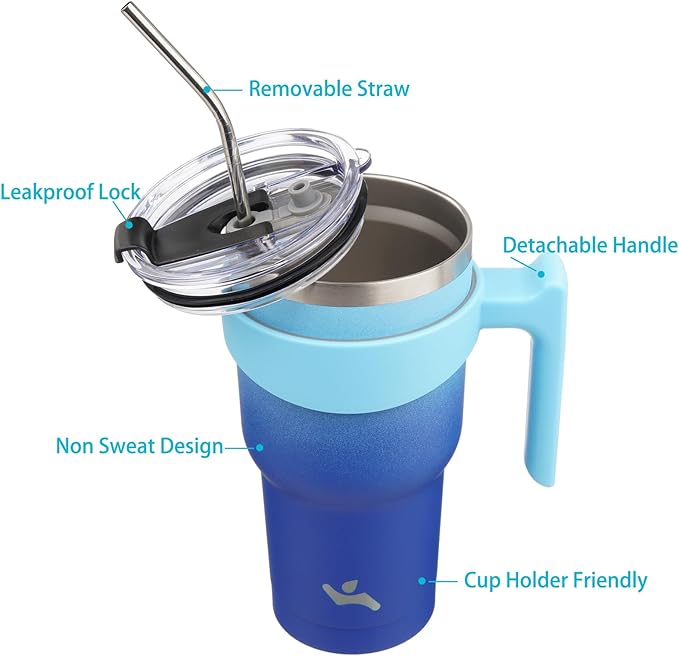 Konokyo 30 oz Tumbler with Handle and 2 Straw 2 Lid, Insulated Water Bottle Stainless Steel Vacuum Cup Reusable Travel Mug,Sky