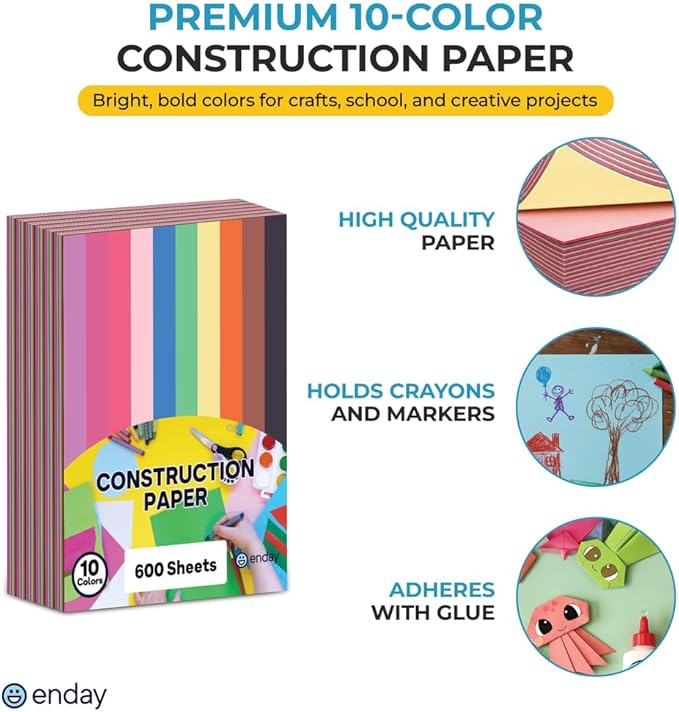Construction Paper Assorted Colors, (600 Sheets) 8 Bright Colors, 9”x12” Bulk Craft Paper, Standard Weight Construction Paper, Color Paper for Kids Arts & Crafts and School Projects, by Enday