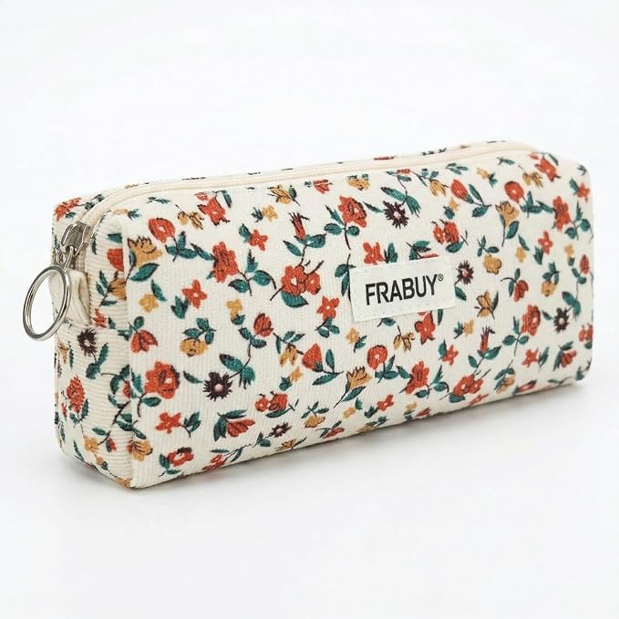 Soft Corduroy Pencil Case Pen Pouch Organizer, Small Stationery Bag | Off-white small floralpencil pouch, smooth zipper, daily cosmetics holder, compact organizer for school teen girls, women