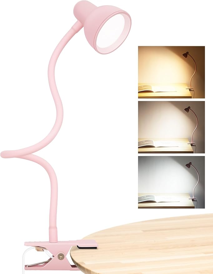 Pink Small Desk Lamp Clip on Reading Light for Bed 3 Colors 10 Brightness Dimmable Flexible Gooseneck Clip on Light for Bed Headboard College Dorm Room