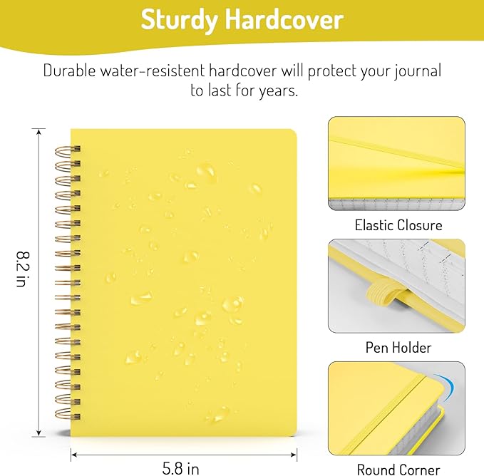 Forvencer Lined Spiral Journal Notebook with 300 Numbered Pages, A5 Thick Journals for Writing with 100GSM Paper, Hardcover Notebooks with Contents for Work, School, Women, Men, Yellow
