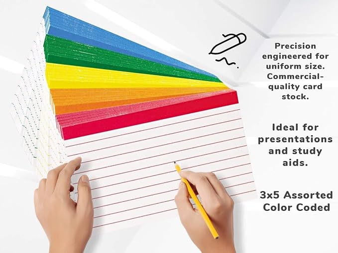 1InTheOffice Index Card Holder 3x5, & 100 pcs Index Cards Ruled Color Coded Assorted Color, Index Cards Storage Box 3x5 (Combo)