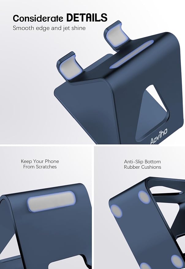 Aoviho Desk Cell Phone Stand Phone Holder - Aluminum Phone Cradle Dock for iPhone 13 12 pro 11 X Xs max 8 7 6 6s Plus SE 5 5s SE Samsung, All Smart Phones (Navy Blue)
