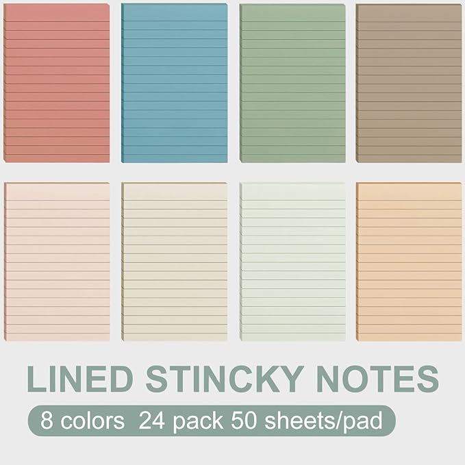 24 Pack Lined Sticky Notes 4X6 in, Self Sticky Note Pads with Lines, Large Sticky Note Memo Pad for Office, Home, School, Meeting, 50 Sheets/pad, Morandi
