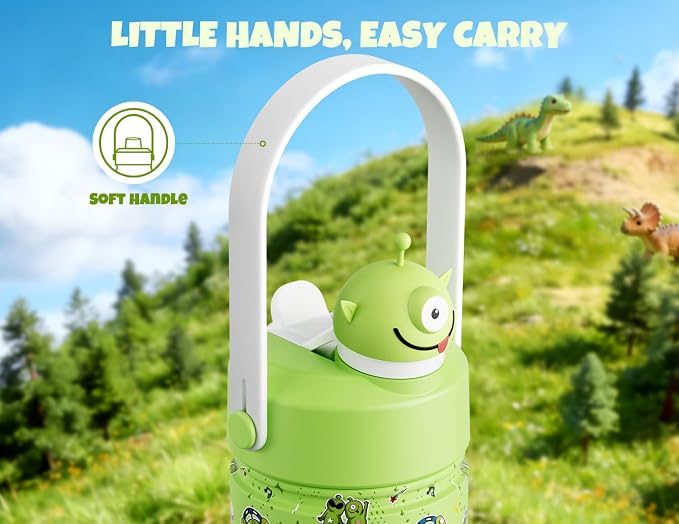 POWCAN 12 oz Insulated Water Bottle for School: 2-in-1 Straw Spout Lid with Soft Animal Head, BPA-Free, Leakproof, Keep Cold 24H, Easy Carry, Stainless Steel Cup for Boys, Girls, Kids (Alien Party)