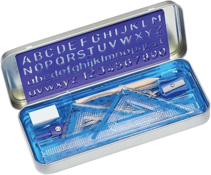 STAEDTLER 10-Piece Math Set with Metal Compass 12-Pack (12 Sets of 10 pcs), 6" Ruler & Triangle Squares, 45° & 30/60° Set Squares, Alphabet Stencil - Measuring Tools, 120 Count