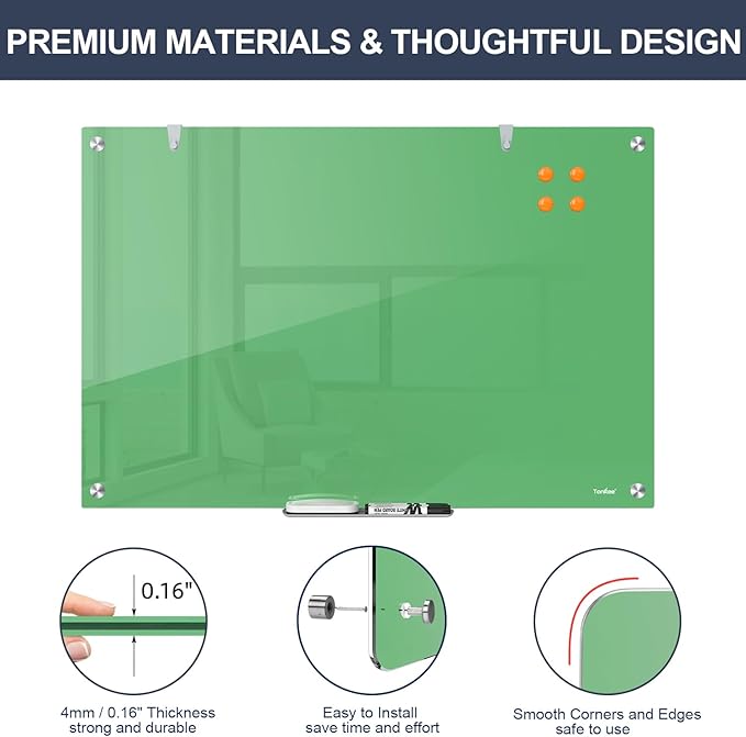 Glass White Board 36x24 Inches Magnetic Glass Dry Erase Board, Large Whiteboard for Wall Office School Classroom Home, 3x2 Feet Green Whiteboard Wall Mounted