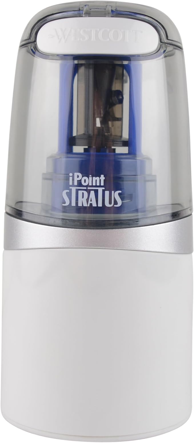 Westcott 17794 iPoint Stratus Battery Pencil Sharpener with Titanium-Bonded Blades and Pop-Top Canister for School, Office, and Home, Assorted Colors